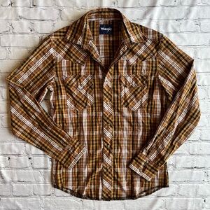 Wrangler Mens Pearl Snap Brown Plaid Long Sleeve Shirt Western Cowboy Work  sm